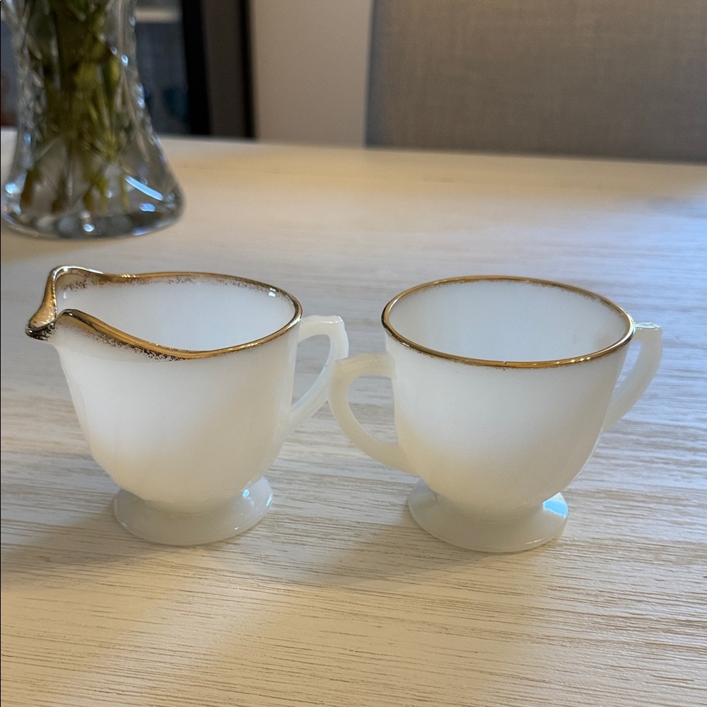 Milk Glass Creamer and Sugar Bowl with Gold Trim